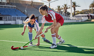 Buy stock photo Sports fitness, field hockey game and women challenge for ball in stadium competition, club rival match or tournament contest. Training exercise, workout and athlete battle action on arena turf pitch
