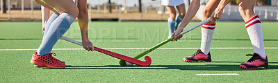 Buy stock photo Fitness, sports and hockey with women on field and training for competition, challenge and workout. Battle, games and exercise with shoes of hockey player and sticks in stadium for workout and health