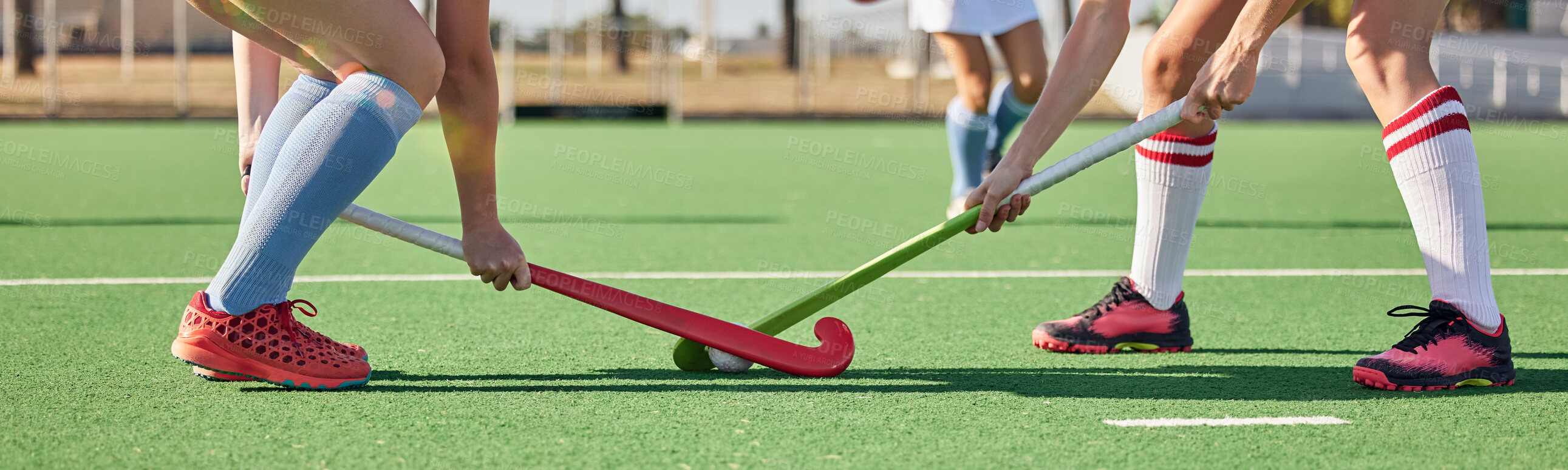 Buy stock photo Fitness, sports and hockey with women on field and training for competition, challenge and workout. Battle, games and exercise with shoes of hockey player and sticks in stadium for workout and health