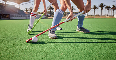 Buy stock photo Sport, hockey and athlete legs on field playing game and fitness people workout, competition and exercise outdoor. Sports match, hockey player competitive and active life with training at stadium.