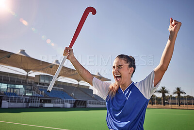 Buy stock photo Hockey, winner and athlete woman in celebration after winning or scoring a goal at sports match or game on field. Fitness, win and young champion player happy about performance achievement in sport