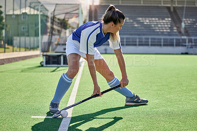 Buy stock photo Sports, hockey and woman in action on field with hockey stick ready to hit ball in game. Fitness, exercise and female athlete playing field hockey in outdoor stadium for workout, training and health