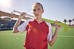 Hockey, woman and sports athlete portrait on field for training or competition match outdoors. Healthy sport person, exercise motivation lifestyle and fitness coach or hockey player on stadium ground