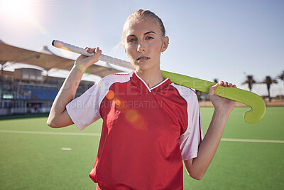 Buy stock photo Hockey, woman and sports athlete portrait on field for training or competition match outdoors. Healthy sport person, exercise motivation lifestyle and fitness coach or hockey player on stadium ground
