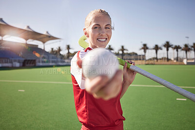 Buy stock photo Sport, hockey and woman with fitness on field, athlete in stadium portrait, happy with exercise outdoor. Hockey player, ball and stick on turf ready for game, training and sports motivation.