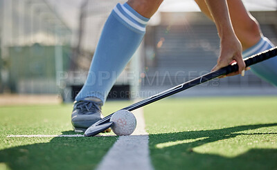 Buy stock photo Hockey, sports and ball with a stick in the hands of a woman athlete on a pitch during a competitive game. Fitness, exercise and sport with a female hockey player playing a match on a grass court