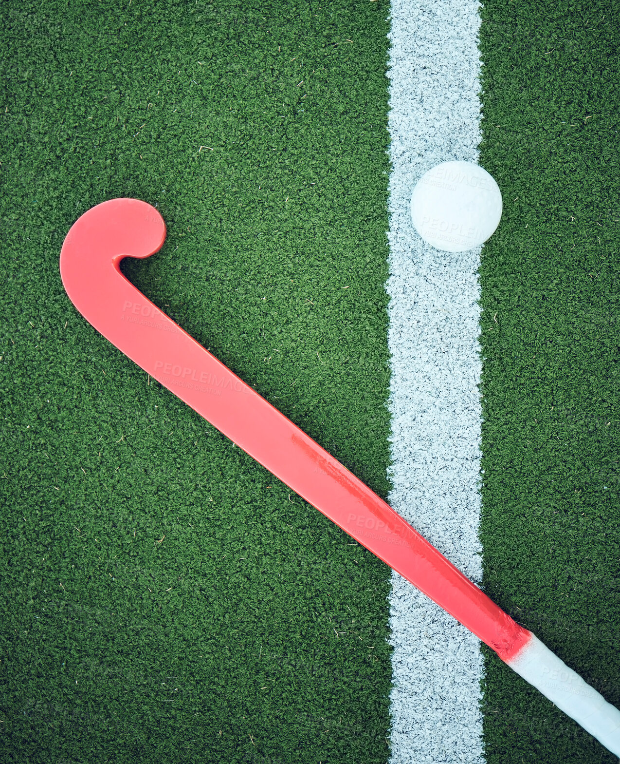 Buy stock photo Turf field, stick hockey and sports ground for game, competition and training gear. Green pitch or grass flatlay at a sport event with workout, exercise or athlete equipment and ball on a playground 