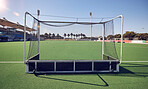 Field turf, hockey goals and sports stadium for fitness contest, training game or outdoor competition exercise. Green pitch, astroturf grass and field hockey arena for health workout, match and score