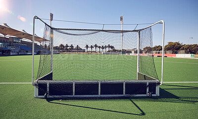 Buy stock photo Field turf, hockey goals and sports stadium for fitness contest, training game or outdoor competition exercise. Green pitch, astroturf grass and field hockey arena for health workout, match and score