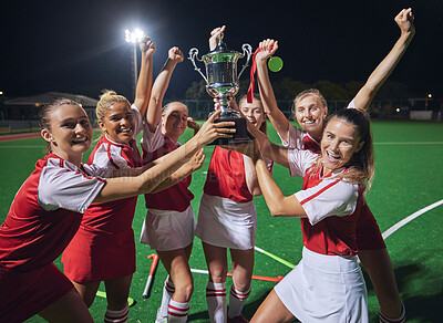 Buy stock photo Winner, success and sport with hockey team, girl athlete on field celebrate and trophy after win. Celebration, fitness and teamwork, yes to victory and happy with diversity and sports achievement.