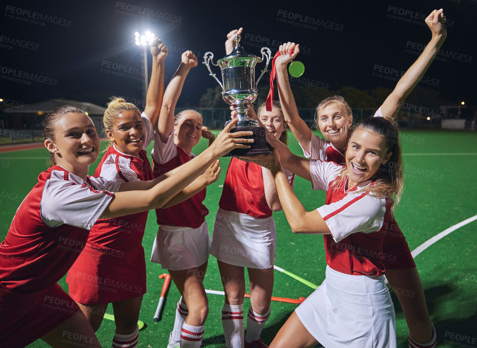 Buy stock photo Winner, success and sport with hockey team, girl athlete on field celebrate and trophy after win. Celebration, fitness and teamwork, yes to victory and happy with diversity and sports achievement.