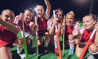 Hockey team, women winner or happy portrait for success, goal or celebration for match, game or competition at night on court. Smile group of girl athlete for training, workout for teamwork exercise