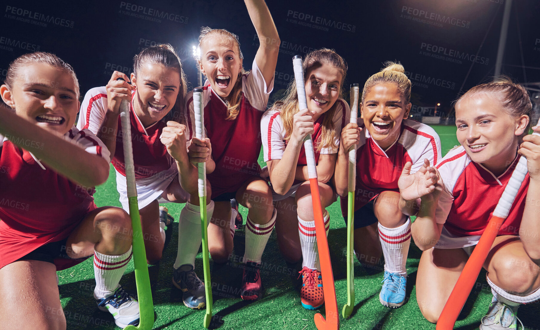 Buy stock photo Hockey team, women winner or happy portrait for success, goal or celebration for match, game or competition at night on court. Smile group of girl athlete for training, workout for teamwork exercise