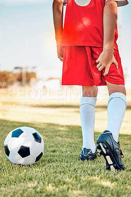 Buy stock photo Fitness, soccer kid or hamstring pain on soccer field for workout exercise, training or football training match. Health, wellness or injured soccer player for muscle injury, leg or medical emergency