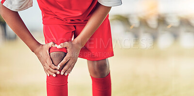 Buy stock photo Sport, knee injury and soccer player on field, fitness and athlete have pain with exercise and medical emergency. Soccer, accident in game and sports training, muscle ache and active lifestyle.