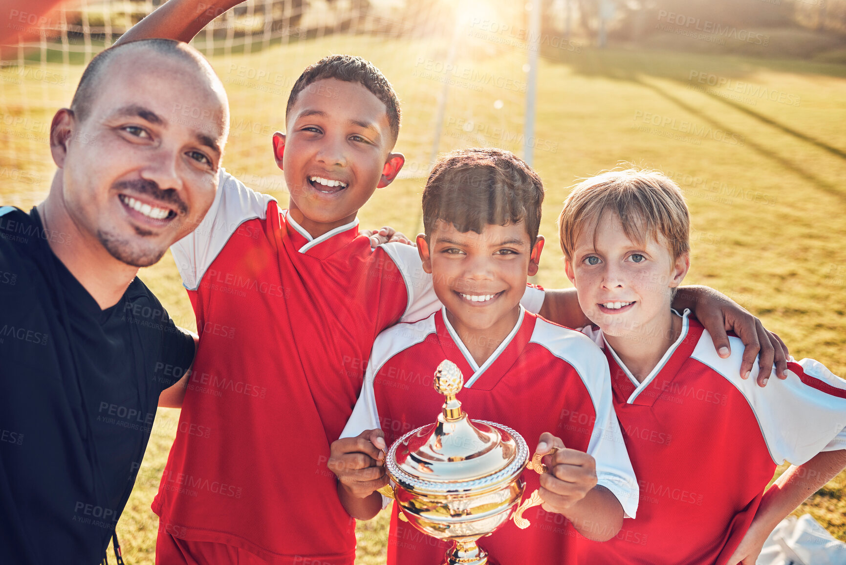 Buy stock photo Soccer, football team and coach winning trophy from competition game with passion, motivation and teamwork. Sport collaboration achievement, group celebration with sports mentor and victory together 