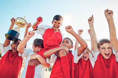 Buy stock photo Soccer, winner team and sport trophy celebration in sunshine together after game, contest or competition. Happy, children and shouting for winning with boy kids, diversity and achievement in sports