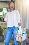 Cleaning, house work and black woman working in home service mopping living room, doing job with smile and happy to clean house apartment. Female cleaner or housewife housekeeping with happiness