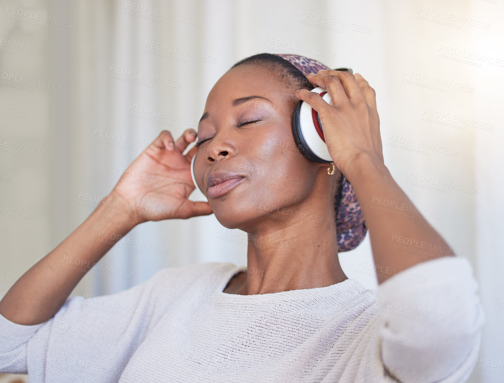 Buy stock photo Music, headphones and black woman listening to radio sound, wellness audio podcast or gospel soundtrack. Stress relief, relax and African girl streaming song for peace, freedom and healthy mindset