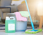 Cleaning, soap detergent product and bucket with mop for domestic work, household chores and sanitizing house to get rid of germs, bacteria and dirt. Clean living room, shiny floor and spotless house