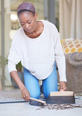 Buy stock photo Dust, woman and cleaning on a floor, sweeping and scoop  in a living room for hygiene, wellness and healthy home space. Dirt, black woman and carpet clean for spring cleaning, clutter and tidy 