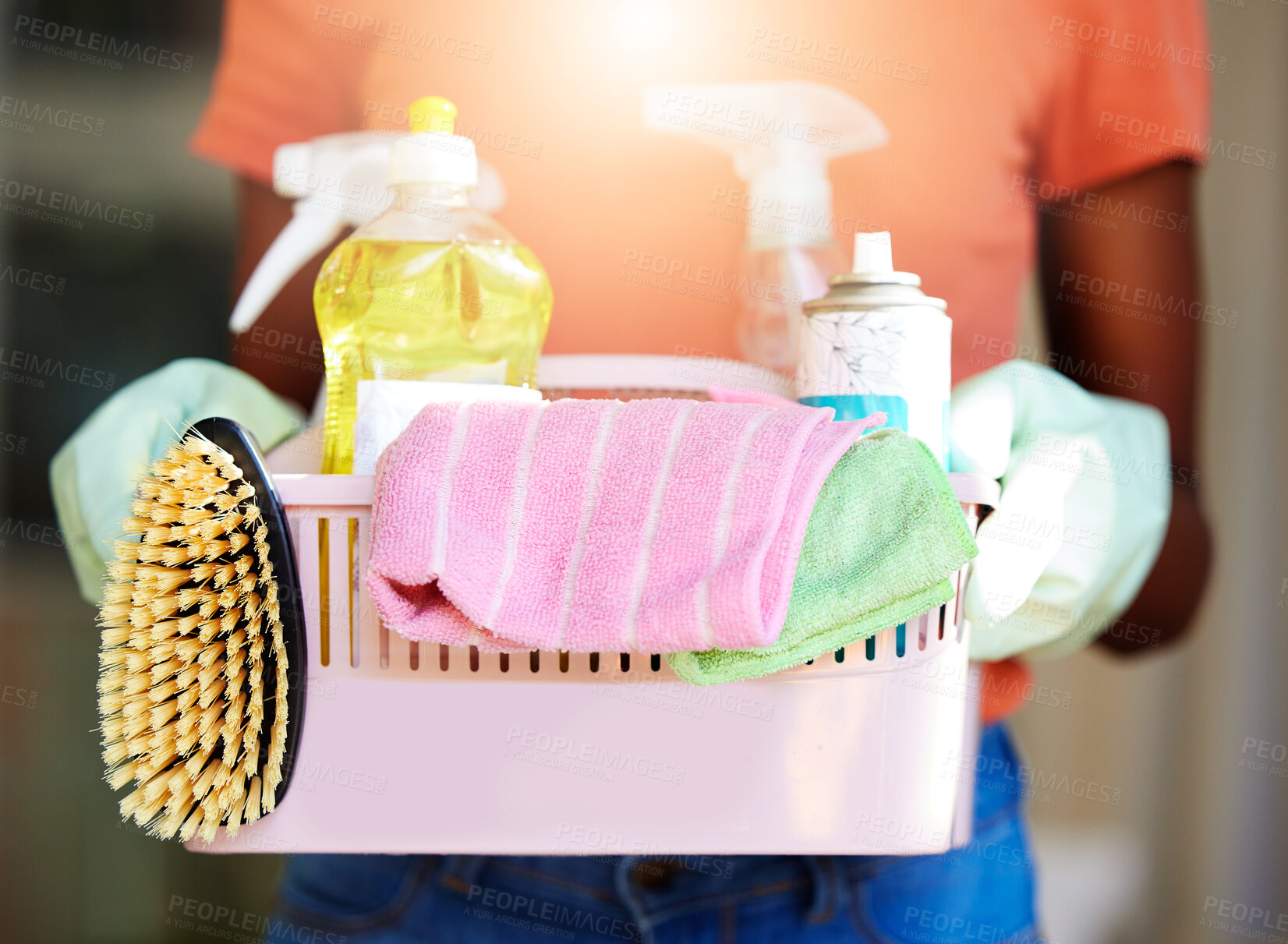 Buy stock photo Zoom of hands, home cleaning or hygiene product equipment of liquid chemical, disinfectant spray bottle or brush sponge for cleaning service tools. Bacteria, clean supplies or lens flare with cleaner