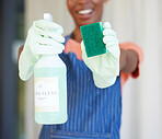 Black woman, hands or spray bottle with sponge, gloves or cleaning product for maid, cleaner service or hospitality worker. Zoom, hygiene container or spring cleaning chemical in bacteria maintenance