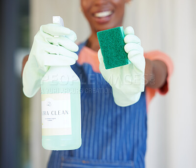 Buy stock photo Black woman, hands or spray bottle with sponge, gloves or cleaning product for maid, cleaner service or hospitality worker. Zoom, hygiene container or spring cleaning chemical in bacteria maintenance