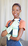 Black woman, spring cleaning service and spray bottle for housekeeping, sanitation and disinfection of dirt, bacteria and dust in home. Portrait happy maid, hospitality cleaner and house maintenance 