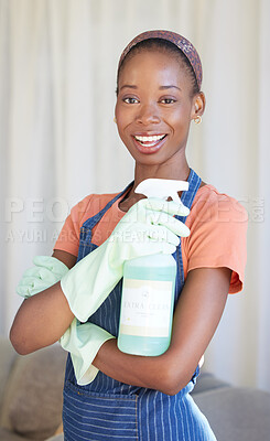Buy stock photo Black woman, spring cleaning service and spray bottle for housekeeping, sanitation and disinfection of dirt, bacteria and dust in home. Portrait happy maid, hospitality cleaner and house maintenance 