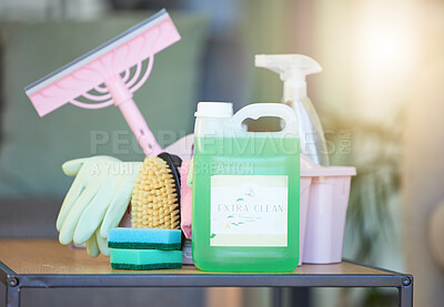 Buy stock photo Home cleaning, hygiene and product equipment of liquid chemical disinfectant, spray bottle and sponge brush for housekeeping. Bacteria disinfection, lens flare and group of cleaning service supplies