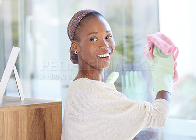 Buy stock photo Cleaning service, window glass and black woman with cloth for office, apartment or wealth home spring cleaning work. Happy woman cleaner with housework and hygiene bacteria solution for dust or dirt