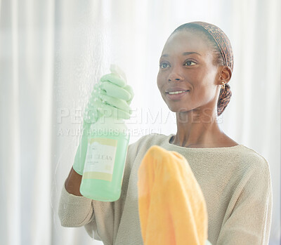 Buy stock photo Cleaning, black woman and spray product of a cleaner washing a mirror with a smile. Working maid doing home hygiene with a bottle and cloth to disinfect the house furniture, glass and window 