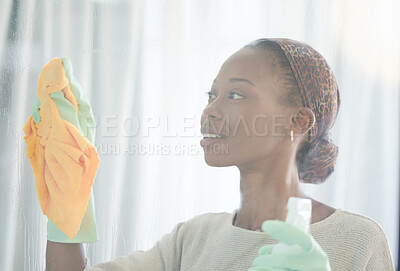 Buy stock photo Cleaning, window and black woman with spray and cloth for dust, bacteria and housekeeping service. Disinfection, hygiene and cleaner with girl and glass surface at home for washing, germs or sanitize