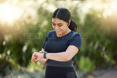 Buy stock photo Woman, smartwatch and nature park running training, cardio exercise and fitness health with smile. Happy outdoor sport workout progress, real plus size and healthy runner progress with time stopwatch