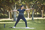 Yoga, stretching and lose weight of woman with body wellness, fitness training and pilates workout in nature park field. Mental health, healthy lifestyle and exercise sports person outdoor stretching