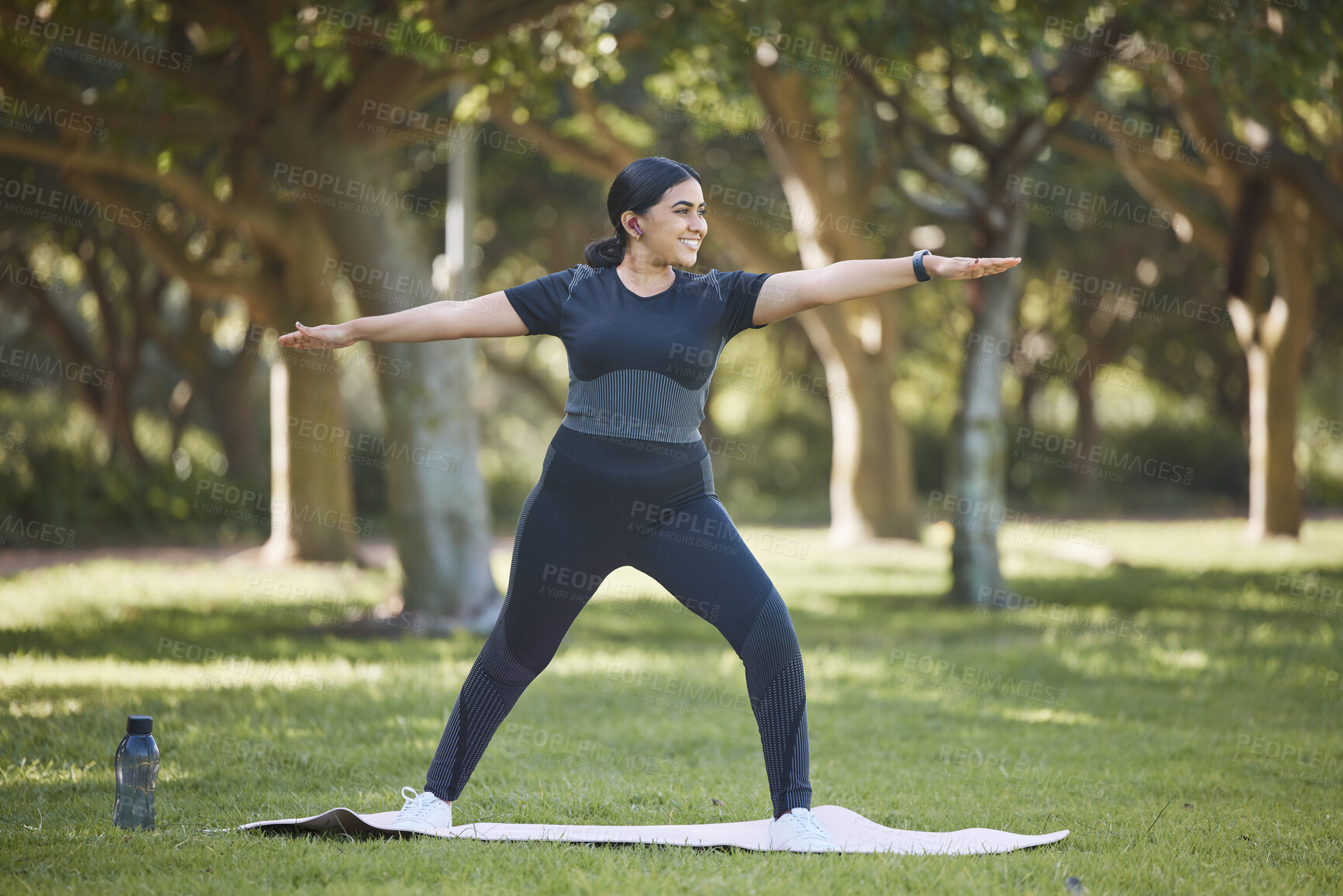 Buy stock photo Yoga, stretching and lose weight of woman with body wellness, fitness training and pilates workout in nature park field. Mental health, healthy lifestyle and exercise sports person outdoor stretching