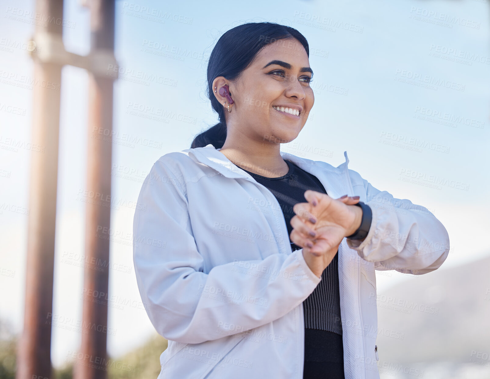 Buy stock photo Woman, fitness and smartwatch, smile and happy with exercise, running time and heart rate outdoor. Young female with motivation, healthy and happiness with workout, runner or cardio goal and target