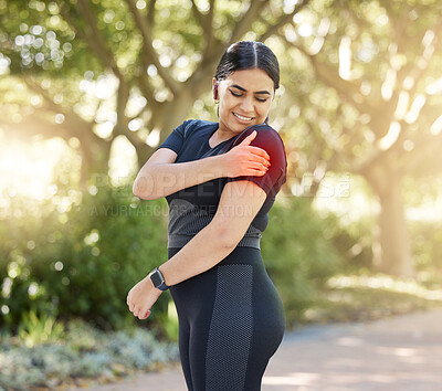 Buy stock photo Black woman, runner and muscle pain in arm while outdoor for fitness, workout or exercise in park. Woman, running and training for healthy body with sore, strain or injury on path massage for care