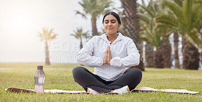 Buy stock photo Fitness, meditation and yoga with woman in park for peace, zen and breathing exercise. Relax, energy and freedom with girl training on grass for health, wellness and spiritual summer lifestyle