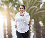 Running, happy and woman outdoor training for a runner marathon, exercise and fitness.  Sport wellness, run workout and healthy sports cardio of an athlete from India in the morning with happiness