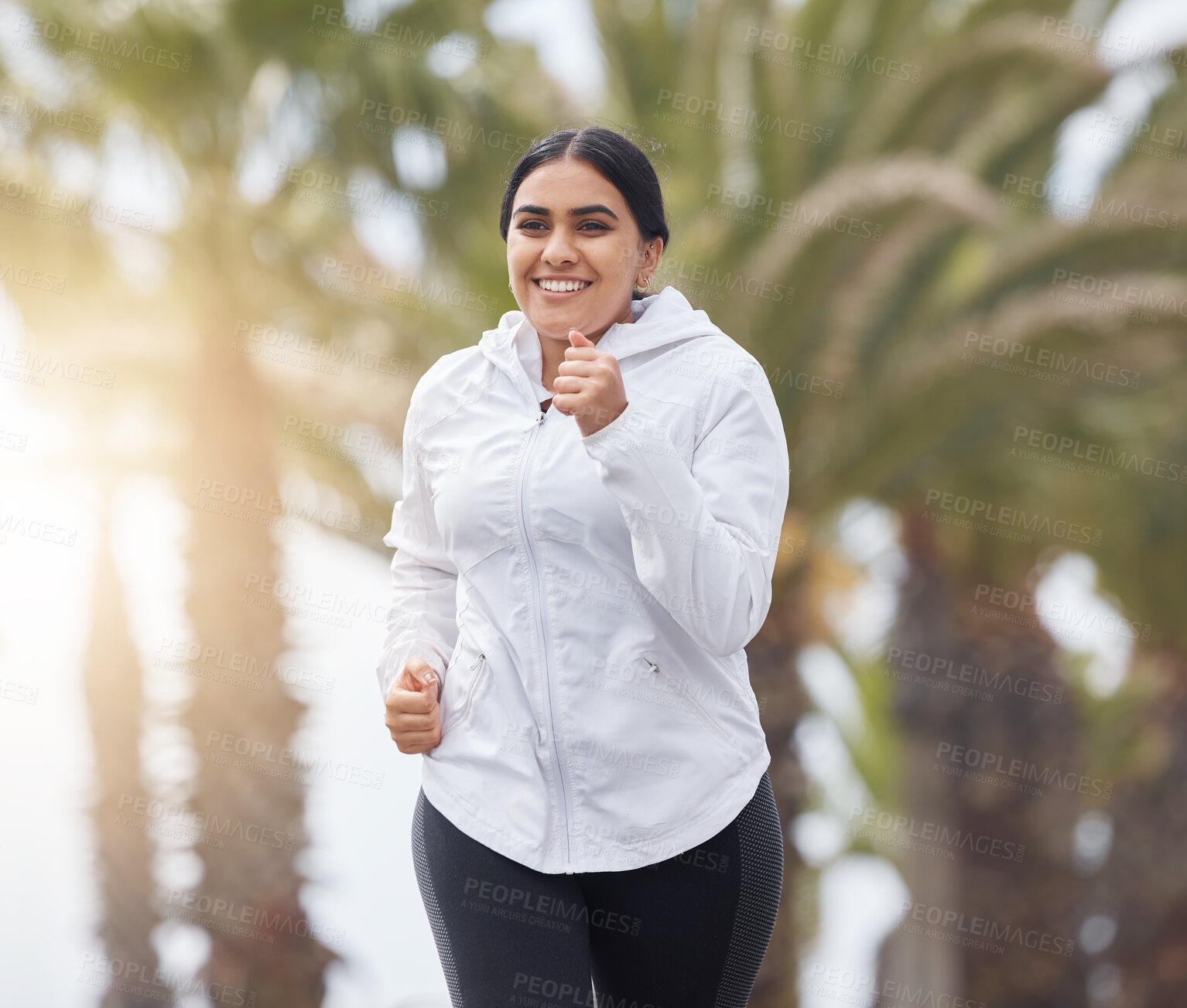 Buy stock photo Running, happy and woman outdoor training for a runner marathon, exercise and fitness.  Sport wellness, run workout and healthy sports cardio of plus size athlete happiness from India in the morning 