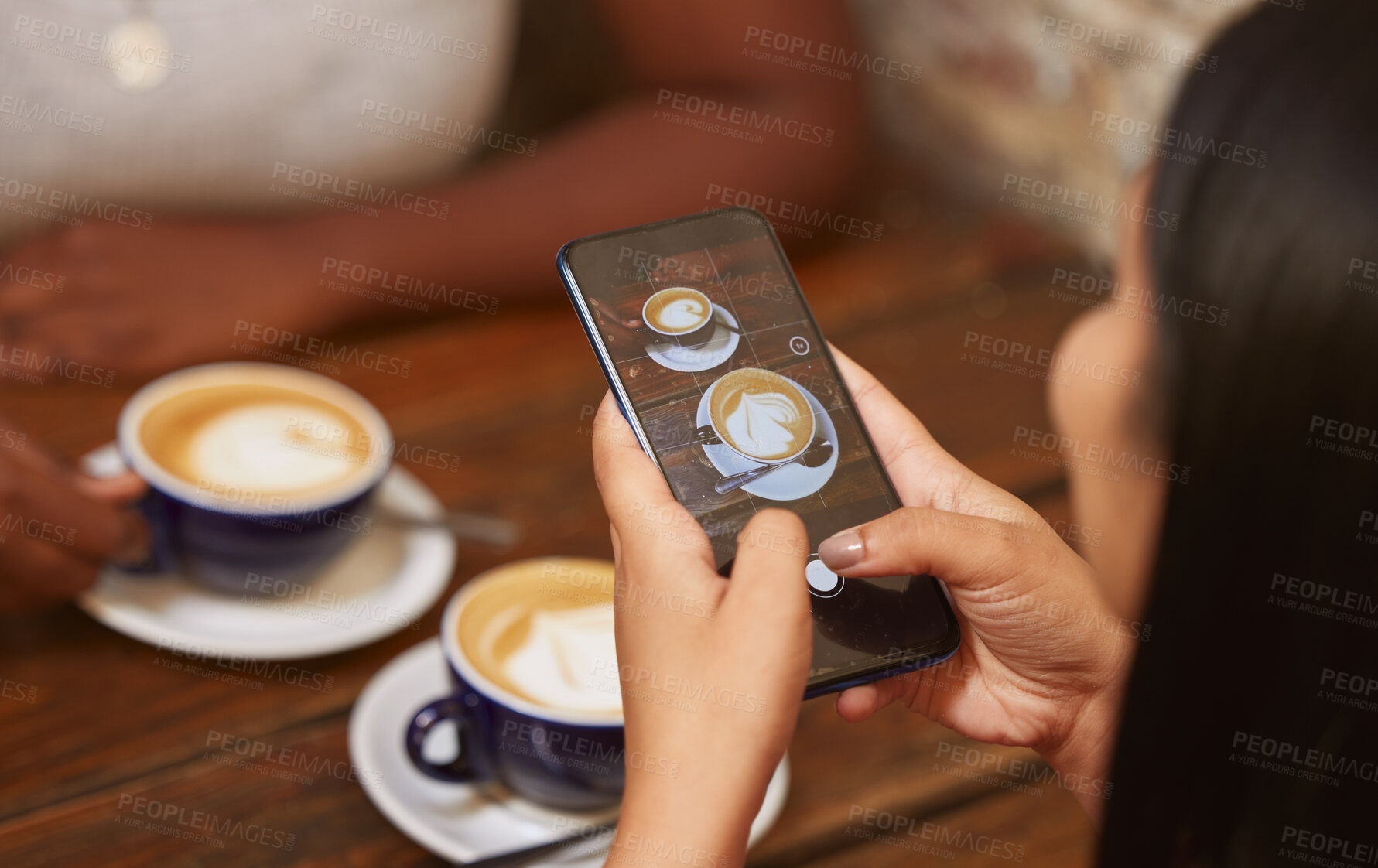 Buy stock photo Photo, coffee and woman with a phone at a coffee shop for social media, internet and mobile app. Breakfast, latte and girl with a picture on mobile of drink at a cafe for photography and digital blog