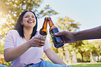 Happy friends, beer and toast in celebration at the park for holiday, summer and freedom to travel together. Smile of people cheers with alcohol in picnic, vacation and relax by in garden in summer