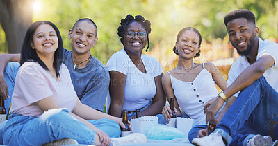 Buy stock photo Relax, summer and picnic with friends in park with beer for bonding, fun and party. Nature, smile and gen z with portrait of people in countryside for happy reunion, diversity and celebration