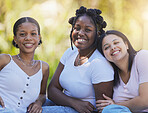 Love, diversity and friends portrait at park with social circle together for fun outdoor experience. Happy gen z women, friendship and young people smile, happiness and garden background in summer