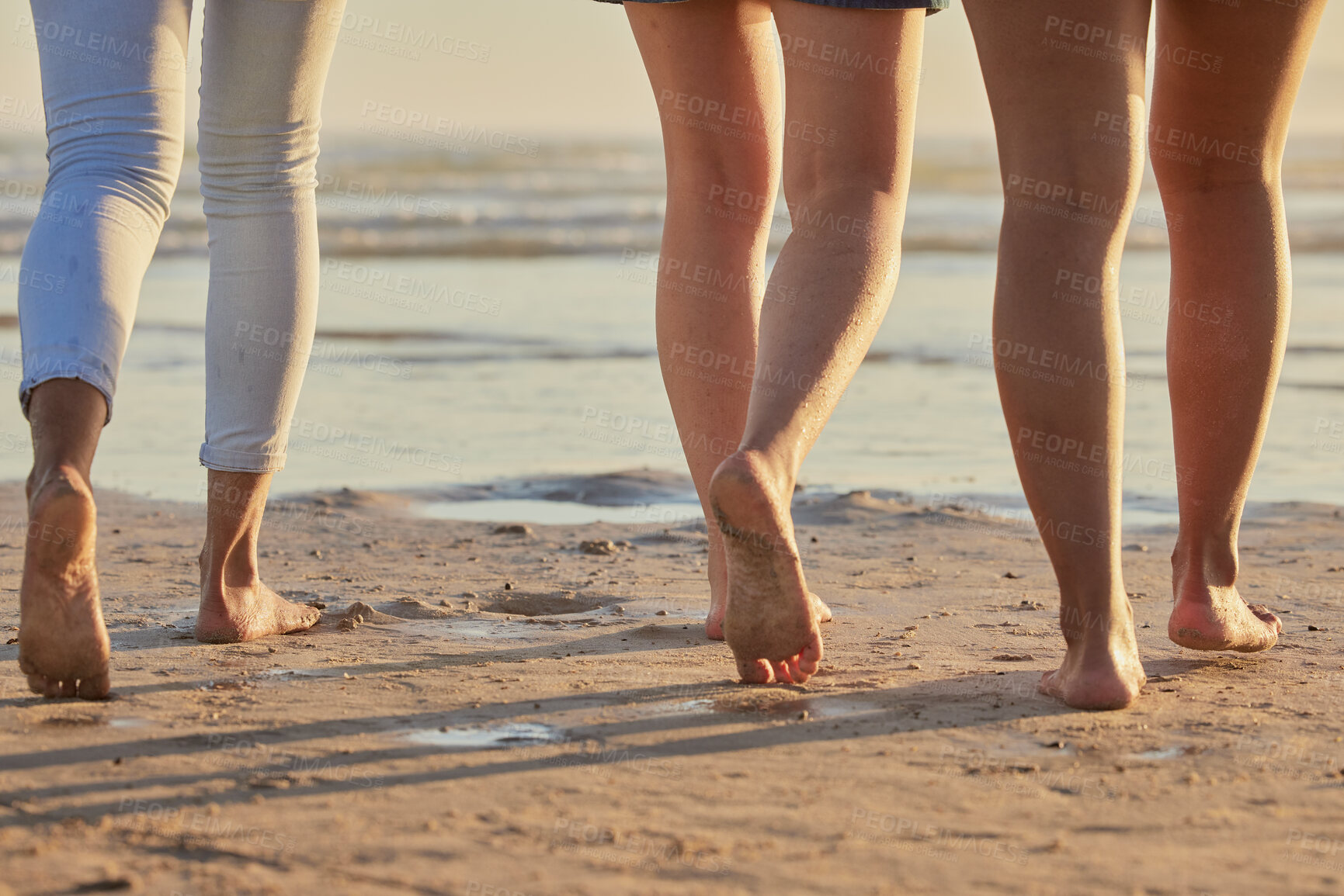 Buy stock photo People feet, sand and walking on beach steps in summer vacation, holiday and sea travel together outdoors. Closeup group of friends, people and legs, foot and relax on ocean shore, freedom and calm