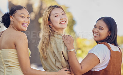 Buy stock photo Happy, women and portrait of friends in park on a walk for wellness, fresh air and bonding. Happiness, freedom and group of girls with diversity, smile and fun in garden together for summer in nature