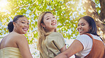 Young women, friends and smile in park portrait together in diversity, happy and summer by trees. Group, woman and happiness in freedom on vacation, holiday or walking in nature by tree in sunshine