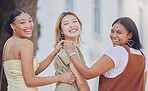 Women diversity, fashion and bonding in city travel location for sightseeing, weekend break or fun New York urban activity. Smile portrait, happy friends and students in cool, style or trendy clothes